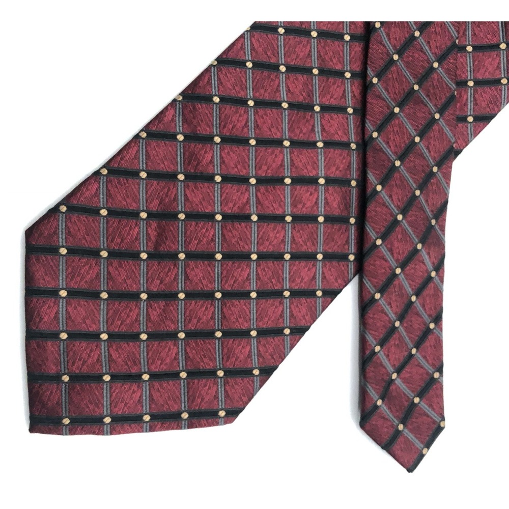 VTG Alexander Julian Mens Tie Burgundy Black Gold Diamond Silk 3.74 x 58 NICE
